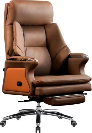 Kinnls Winston Leather Heated Ventilation Classic Luxury Office Chair with Massage, Power Recliner Executive Desk Chair, Adjustable Tilk Angle (Brown)