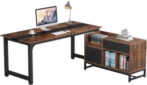 Tribesigns Office Desk with File Cabinet, 70.8" L-Shaped Executive Desk for Home Office Workstation Business Furniture Set, Rustic Brown/Black