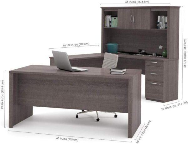 Bestar Logan U Shaped Desk with Hutch, Lateral File Cabinet, and Bookcase in Bark Gray, 66W | Complete Office Setup for Home or Commercial Spaces