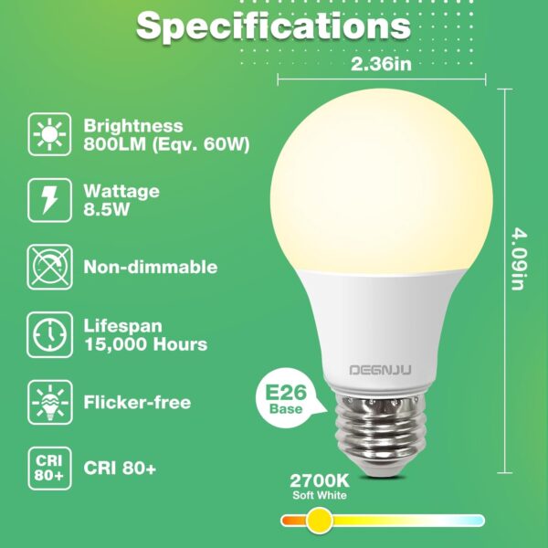 A19 LED Light Bulbs, 60 Watt Equivalent LED Bulbs, Soft White 2700K, 800 Lumens, E26 Standard Base, Non-Dimmable, 8.5W Warm White LED Bulbs for Bedroom Living Room, 24 Pack