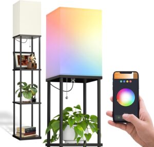 addlon Floor Lamp with Shelves, 4-Tier Modern Shelf Lamp with RGB Smart Bulb, APP Control Standing Lamps with White Lamp Shade, Floor lamp for Living Room, Bedroom - Black