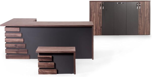 71" Wood Office Furniture Set of 3pcs | Executive Right Side L Shaped Corner Desk & File Drawers w/Telescopic Rail | Coffee Table | Storage Cabinet w/Chrome Handles | Modern Home Workstation