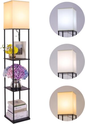 Floor Lamp with Shelves, Modern Square Standing Lamp with 3 Color Temperature Bulb, Corner Display Bookshelf Lamp for Living Room, Bedroom and Office (Black)