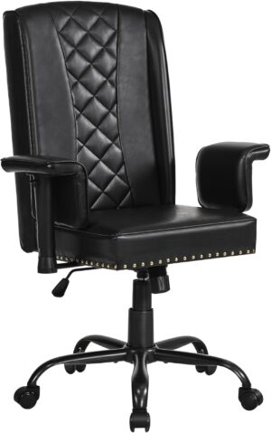 VECELO Ergonomic Office Chair – High Backrest with Tilt, PU Leather, Diamond-Stitched Back, Adjustable 45°Armrests & Sponge Cushion, Black