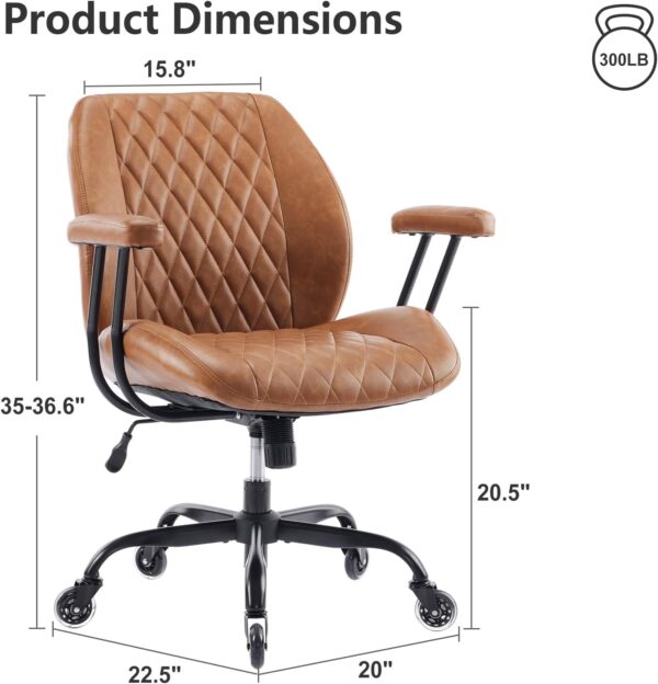 Home Office Desk Chair Office Rubber Casters Ergonomic Computer Chair with Lumbar Support Adjustable Height Rolling Swivel Executive Task Armrests Chair， Brown Leather