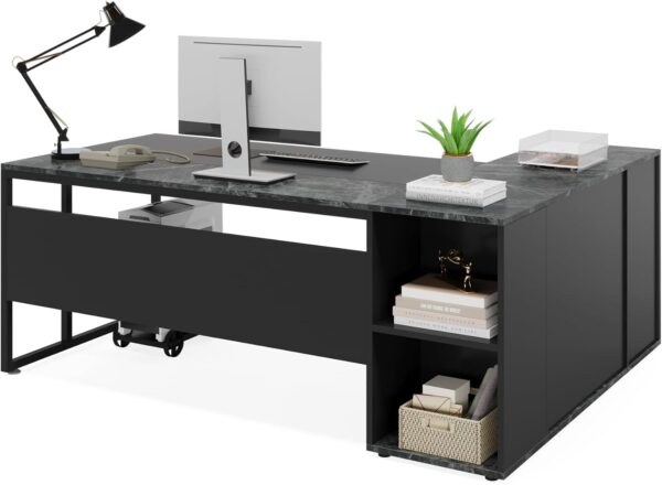 Tribesigns 71 inch Executive Desk, L Shaped Desk with Cabinet Storage, Executive Office Desk with Shelves, Business Furniture Set Workstation for Home Office, Black