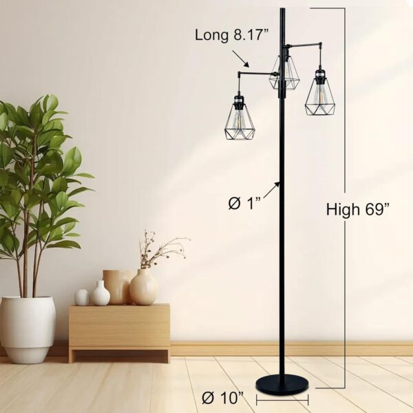 69" Industrial Tree Floor Lamp with Stepless Dimming - Adjustable Cage Shades & weighted Base, Vintage Dimmable Standing Light for Living Room/Office, 3x Edison Bulbs Included (Farmhouse Rustic)