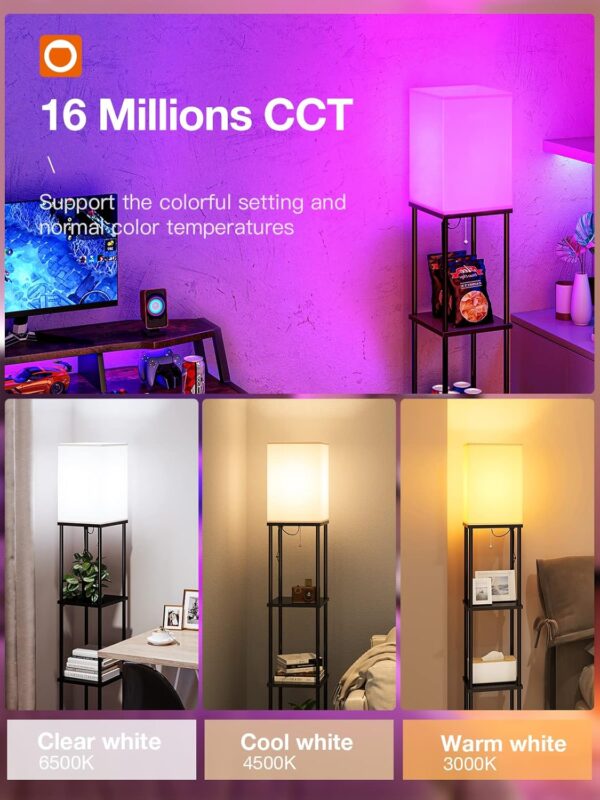 addlon Floor Lamp with Shelves, 4-Tier Modern Shelf Lamp with RGB Smart Bulb, APP Control Standing Lamps with White Lamp Shade, Floor lamp for Living Room, Bedroom - Black
