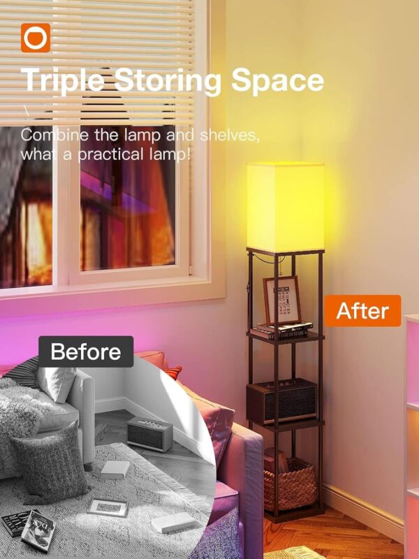 addlon Floor Lamp with Shelves, 4-Tier Modern Shelf Lamp with RGB Smart Bulb, APP Control Standing Lamps with White Lamp Shade, Floor lamp for Living Room, Bedroom - Black