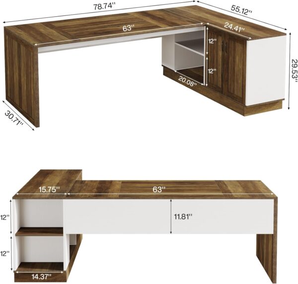 Tribesigns Executive Office Desk with File Cabinet, 79-Inch Modern L-Shaped Desk, Large Computer Table with Storage Cabinet and Open Shelves, Business Table for Home Office, Brown and White