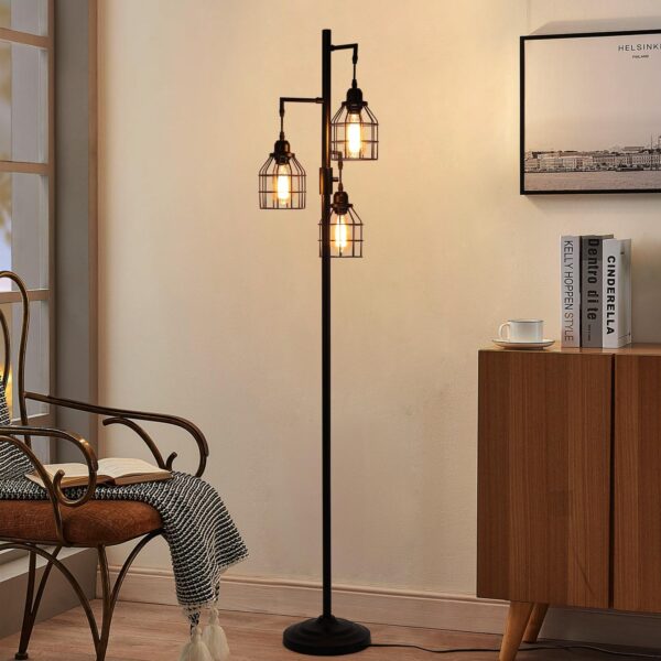 9MMML Floor Lamp for Living Room, Farmhouse Industrial Dimmable Floor lamp,3 Lights Metal Cage Tree Standing Lamp,68", 3Pcs Led Bulbs Included