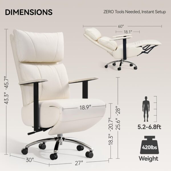 Reclining Office Chair with Adjustable Headrest and Footrest, 170° Ergonomic Comfortable Office Chair Zero Gravity, Leather Executive Home Office Desk Chair 400lbs (Black) (Cream)