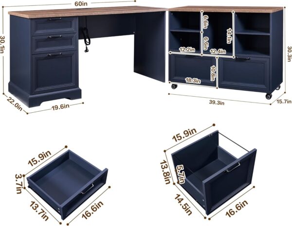 60"L-Shaped Executive Desk with 40"Adjustable File Cabinet,Farmhouse Home Office Desk with Charging Station,Office Desk with Storage Drawers,Wood Computer Desk Set for Office Work,Home Study (Blue)