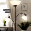 Brightech Sky Dome Double LED Floor lamp, Torchiere Super Bright Floor Lamp with 2 Reading Lamps for Living Rooms & Offices - Dimmable Tall Standing Lamp for Bedroom Reading - Tall Black Pole