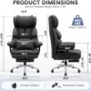 Office Desk Chair, Big and Tall Leather Gaming Chair with Footrest, Wide Ergonomic Comfy Executive High-Back Reclining Computer Chairs, Swivel Rolling Wheels and Padded Lumbar Support, Black