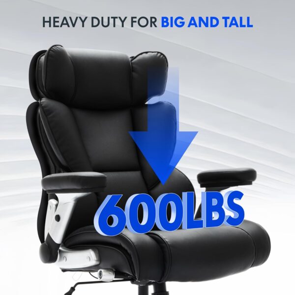 FLEXISPOT Big and Tall Office Chair with Flip Arms, 600LBS Heavy Duty Office Chair for Heavy People, Wide Plus Size Chair with Inflatable Adjustable Lumbar Support Quiet Rubber Wheels, Leather, Black