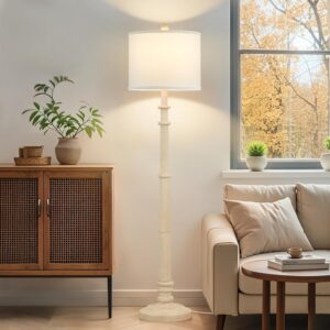 Floor Lamps for Living Room - 60" New Upgrade Resin Farmhouse Floor Lamp with 3 Color Temperatures - Vintage Standing Lamp Reading Light with Linen Shade Rustic Tall Lamp for Bedroom Office, Cream