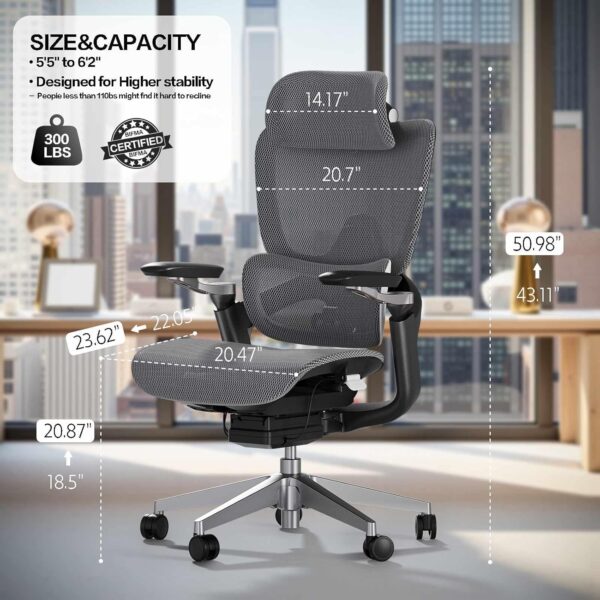 Ergonomic Office Chair, Big and Tall Mesh Home Desk Chair with Adaptive Lumbar Support, Gaming Chair with Headrest, 5D Armrest,90-130°Tilt, BIFMA Certified, Model Zen (Grey)