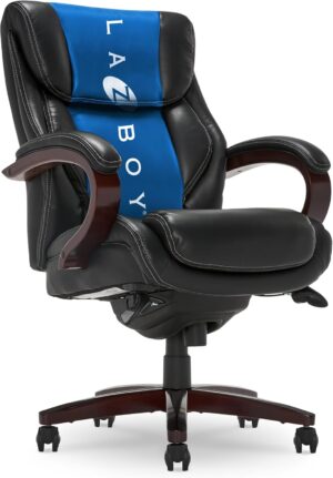 La-Z-Boy Bellamy Executive Office Chair with Memory Foam Cushions, Real Wood Arms and Swivel Base, Waterfall Seat Edge, Faux Bonded Leather, Black