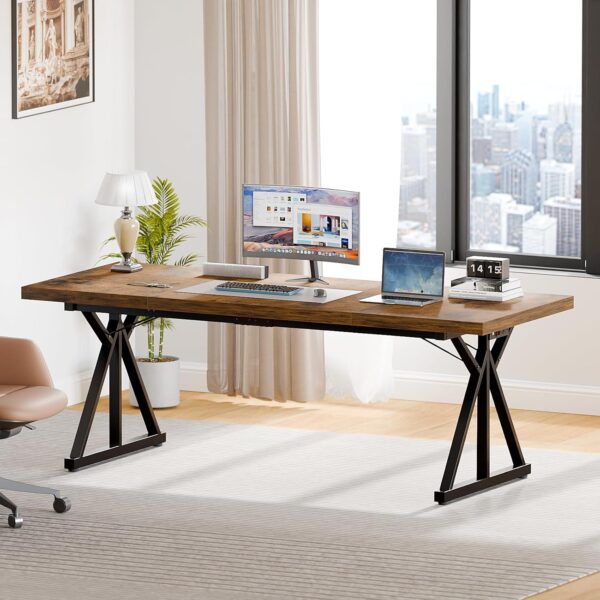 70.8-Inch Executive Desk with Power Outlet, Large Office Desk, Long Home Office Table, Big Writing Computer Table, Modern Work from Home Desk Office Furniture for Laptop, Rustic Brown/Black