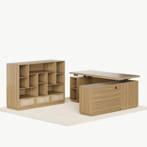 Home Office Furniture Set, 70" Standing Desk with 4 Drawer File Cabinet and Wide Bookcase, Executive Desk with AC/USB, Bookshelf with Drawers, Rattan Style Natural Oak