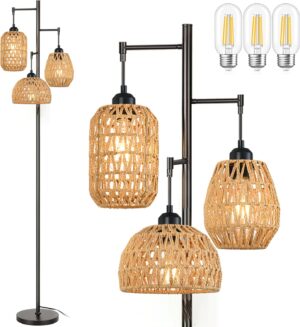 Boho Floor Lamp for Living Room Bedroom - Farmhouse 3 Rattan Wicker Shades, Rustic Black Vintage Standing Light 68" Tall Tree for Office, Reading, Corner