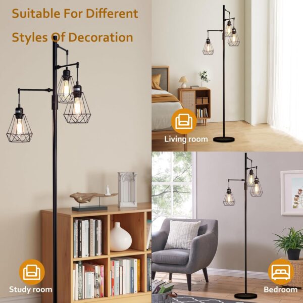 69" Industrial Tree Floor Lamp with Stepless Dimming - Adjustable Cage Shades & weighted Base, Vintage Dimmable Standing Light for Living Room/Office, 3x Edison Bulbs Included (Farmhouse Rustic)