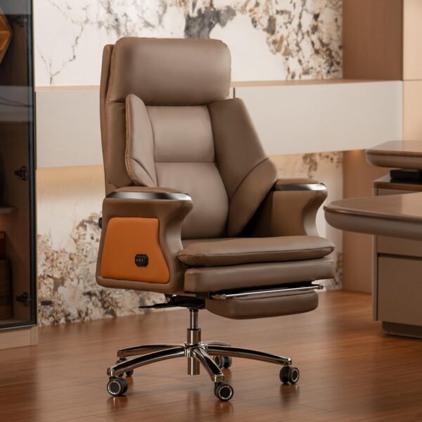 Kinnls Winston Leather Heated Ventilation Classic Luxury Office Chair with Massage, Power Recliner Executive Desk Chair, Adjustable Tilk Angle (Brown)