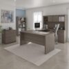 Bestar Logan U Shaped Desk with Hutch, Lateral File Cabinet, and Bookcase in Bark Gray, 66W | Complete Office Setup for Home or Commercial Spaces