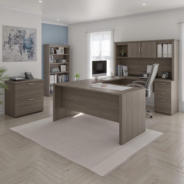 Bestar Logan U Shaped Desk with Hutch, Lateral File Cabinet, and Bookcase in Bark Gray, 66W | Complete Office Setup for Home or Commercial Spaces
