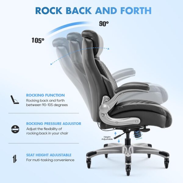 COLAMY Office Ergonomic Desk High Back Executive Chair with Pop-Out Lumbar Support, Upgraded Casters, Adjustable Headrest, Flip-Up Arms, Leather Home with Thick Cushion for Comfort - Black