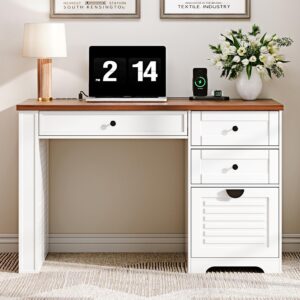 47" Home Office Desks, Executive Desk, Farmhouse Computer Desk with Drawers and Charging Station, File Drawer, Storage Cabinet, Rustic Computer Writing Desk,Antique White
