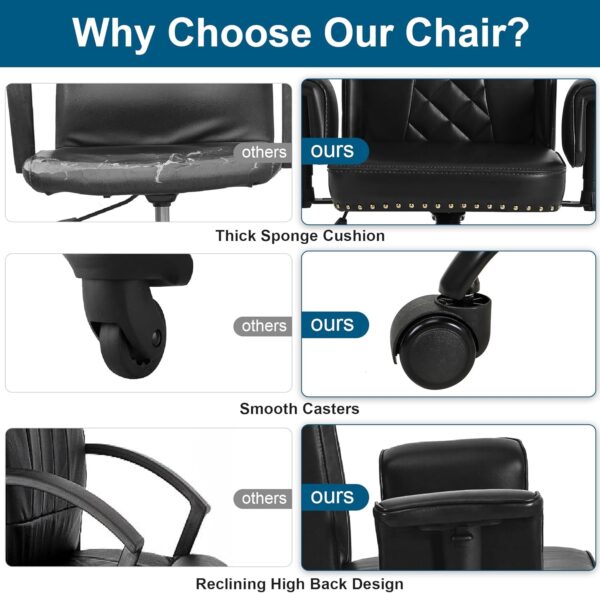VECELO Ergonomic Office Chair – High Backrest with Tilt, PU Leather, Diamond-Stitched Back, Adjustable 45°Armrests & Sponge Cushion, Black