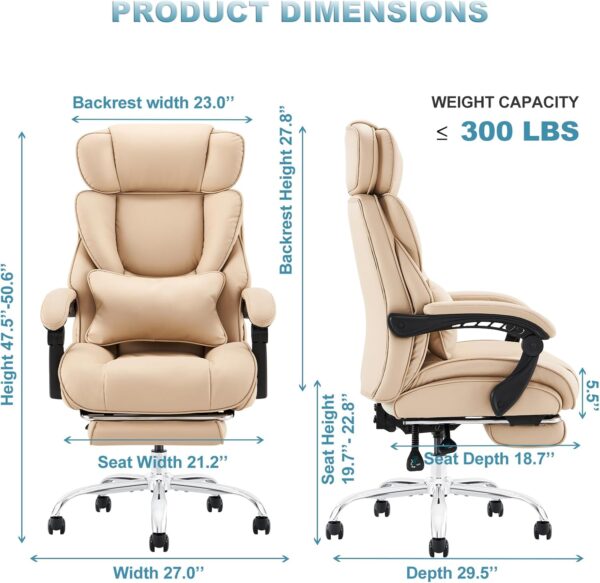 COLAMY Office Chair with Footrest, Ergonomic High Back Design Executive Computer Desk Chair with Removable Lumbar Pillow, 90-135°Reclining, Thick Bonded Leather for Home Office Work Comfort, Khaki