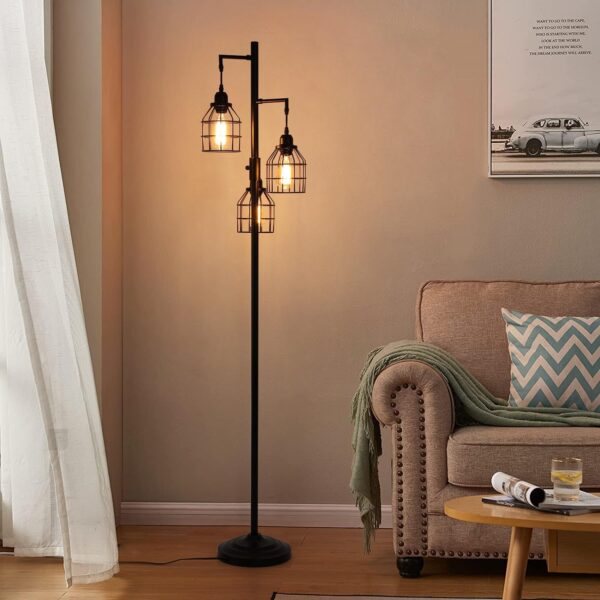 9MMML Floor Lamp for Living Room, Farmhouse Industrial Dimmable Floor lamp,3 Lights Metal Cage Tree Standing Lamp,68", 3Pcs Led Bulbs Included