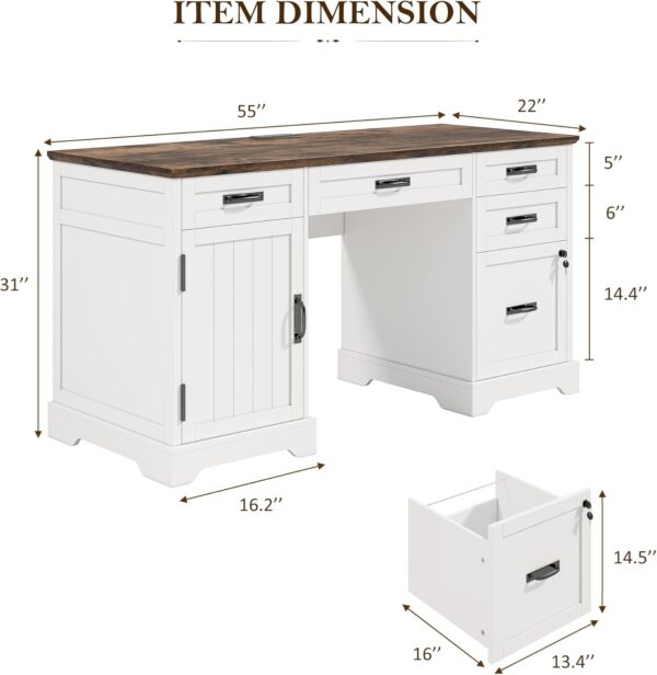 Whalefall 55'' Farmhouse Desk Home Office with Drawers, Executive Computer Desk Wooden with File Cabinet and Charging Station, White