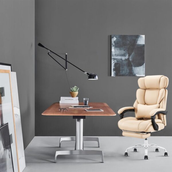 COLAMY Office Chair with Footrest, Ergonomic High Back Design Executive Computer Desk Chair with Removable Lumbar Pillow, 90-135°Reclining, Thick Bonded Leather for Home Office Work Comfort, Khaki