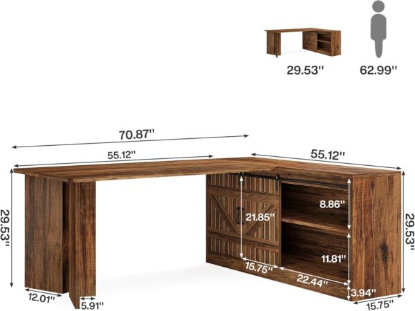 Tribesigns 70.9-Inch Executive Desk, L-Shaped Desk with 55.1-Inch Storage Cabinet, Mid-Century Farmhouse Office Computer Table with Sliding Door, Large Business Furniture for Home Office