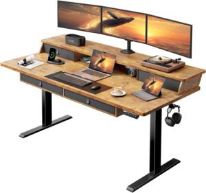 ErGear Electric Standing Desk with 4 Drawers, 63" x 30" Height Adjustable Desk with Storage, C-Clamp Mount Compatible, Computer Home Office Table with Cable Management Tray, Vintage Brown