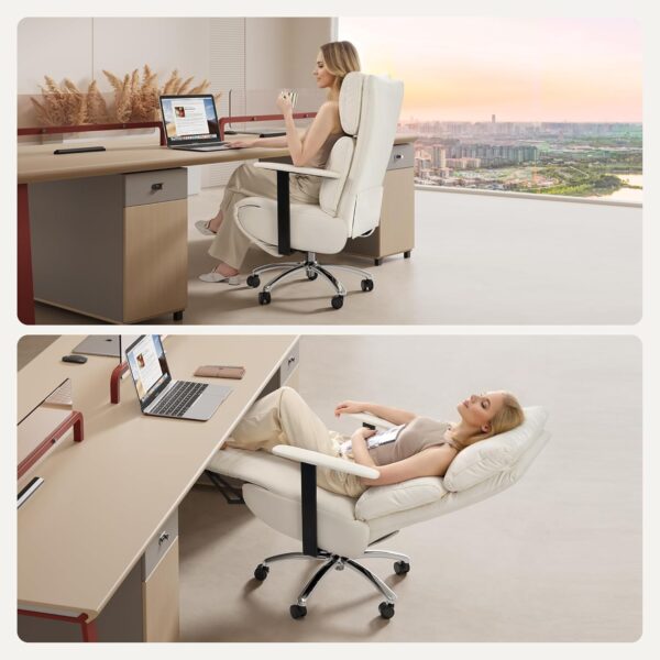 Reclining Office Chair with Adjustable Headrest and Footrest, 170° Ergonomic Comfortable Office Chair Zero Gravity, Leather Executive Home Office Desk Chair 400lbs (Black) (Cream)