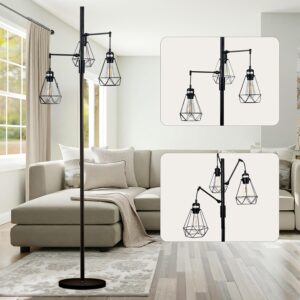 69" Industrial Tree Floor Lamp with Stepless Dimming - Adjustable Cage Shades & weighted Base, Vintage Dimmable Standing Light for Living Room/Office, 3x Edison Bulbs Included (Farmhouse Rustic)
