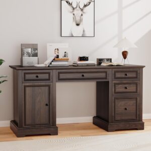 60" Farmhouse Executive Office Desk with Drawers and File Cabinet, Embossed Texture Wood Home Office Desk, Rustic Computer Desk, Workspace for Work Study Writing, Dark Brown