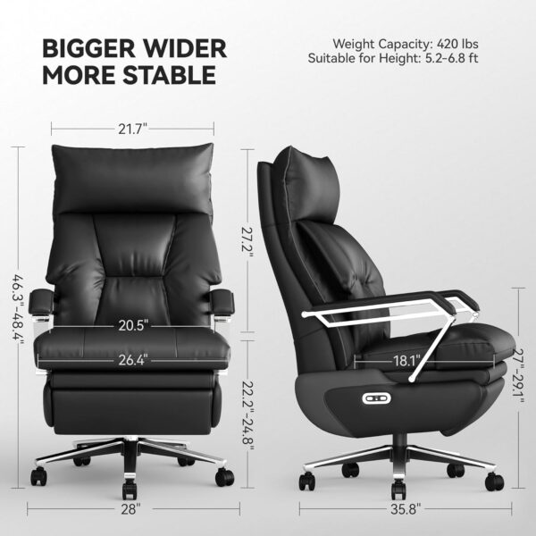 Dual Motor Electric Executive Office Chair with Foot Rest, Comfortable Reclining Office Chair Wide Seat, Big and Tall Ergonomic Leather Home Office Desk Chair 420lbs (Black)