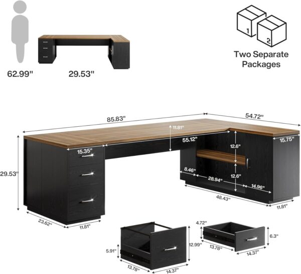 Tribesigns 85.8-Inch L-Shaped Executive Office Desk with File Drawers & Storage Cabinet, Professional Corner Computer Desk Extra Large Business Workstation with Adjustable Shelves (Brown&Black)