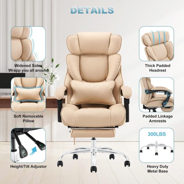 COLAMY Office Chair with Footrest, Ergonomic High Back Design Executive Computer Desk Chair with Removable Lumbar Pillow, 90-135°Reclining, Thick Bonded Leather for Home Office Work Comfort, Khaki