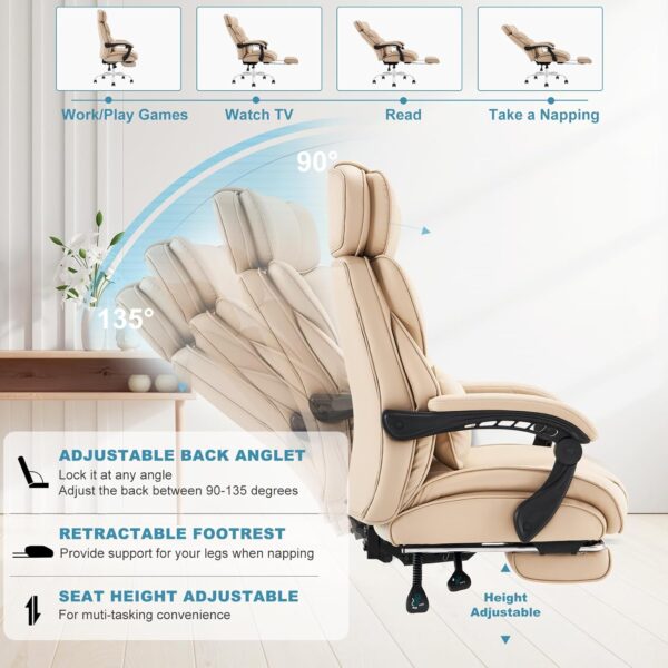 COLAMY Office Chair with Footrest, Ergonomic High Back Design Executive Computer Desk Chair with Removable Lumbar Pillow, 90-135°Reclining, Thick Bonded Leather for Home Office Work Comfort, Khaki