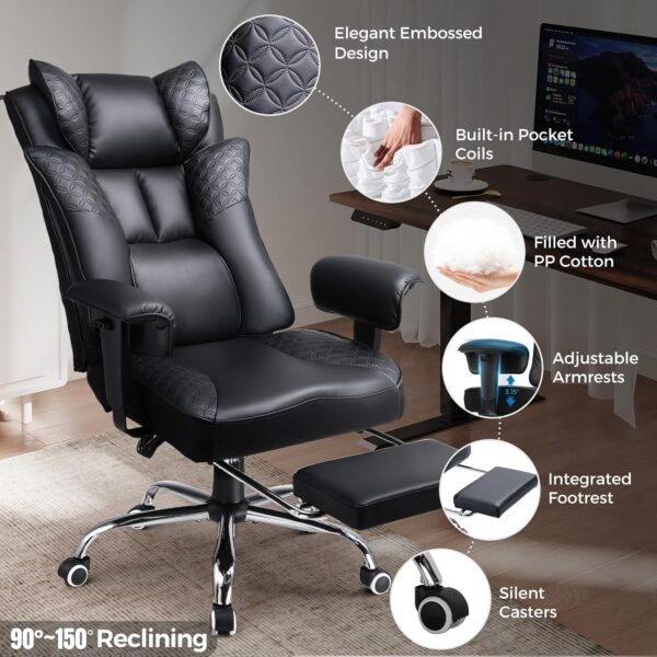 GTPLAYER Big and Tall Office Chair 400LBS Wide Ergonomic Gaming Chair with Deluxe Embossing Designed Leather with Foot Rest,150°Reclining Adjustable Soft Armrests Pocket Spring Back Support and Pillow