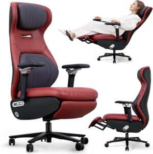 EMIAH Ergonomic Office Chair with Foot Rest Electric Reclining Office Chair with Adjustable Headrest, 8D Coordinated Armrests High Back Computer Chair with Lumbar Support, Sustainable Leather (Red)