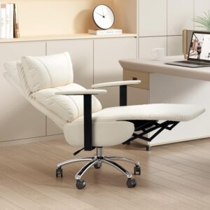 Reclining Office Chair with Adjustable Headrest and Footrest, 170° Ergonomic Comfortable Office Chair Zero Gravity, Leather Executive Home Office Desk Chair 400lbs (Black) (Cream)