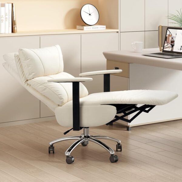 Reclining Office Chair with Adjustable Headrest and Footrest, 170° Ergonomic Comfortable Office Chair Zero Gravity, Leather Executive Home Office Desk Chair 400lbs (Black) (Cream)